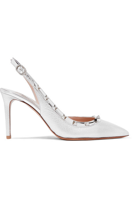 Valentino Garavani The Rockstud 85 metallic textured-leather slingback pumps