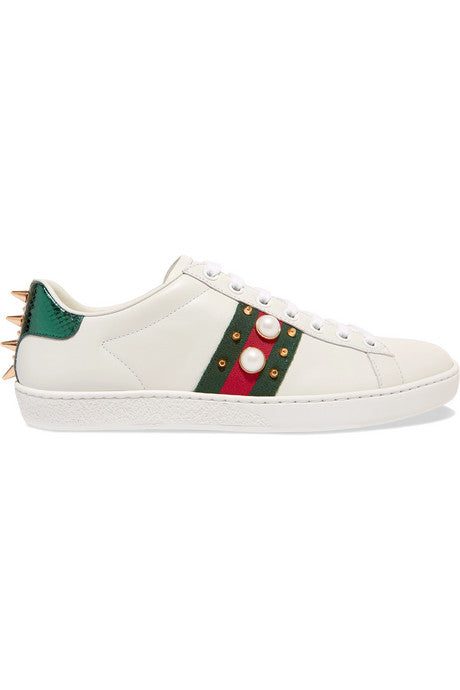 Ace faux pearl-embellished metallic watersnake-trimmed leather sneakers