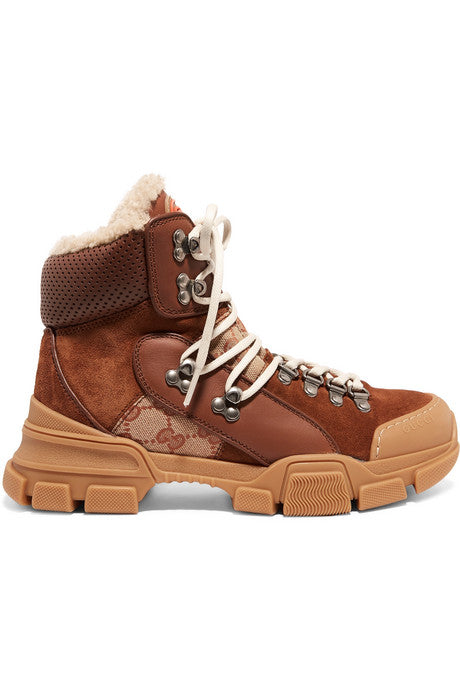 Flashtrek faux shearling-trimmed suede, leather and printed coated-canvas boots