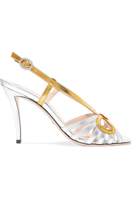 Crystal-embellished metallic leather sandals