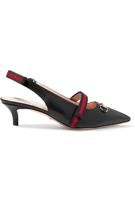 Horsebit-detailed grosgrain-trimmed leather slingback pumps