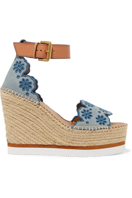 Embroidered suede and leather espadrille wedge sandals