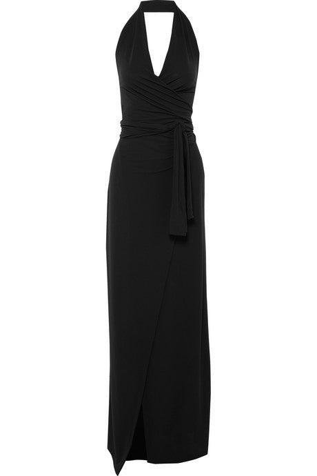 Halterneck jersey wrap maxi dress