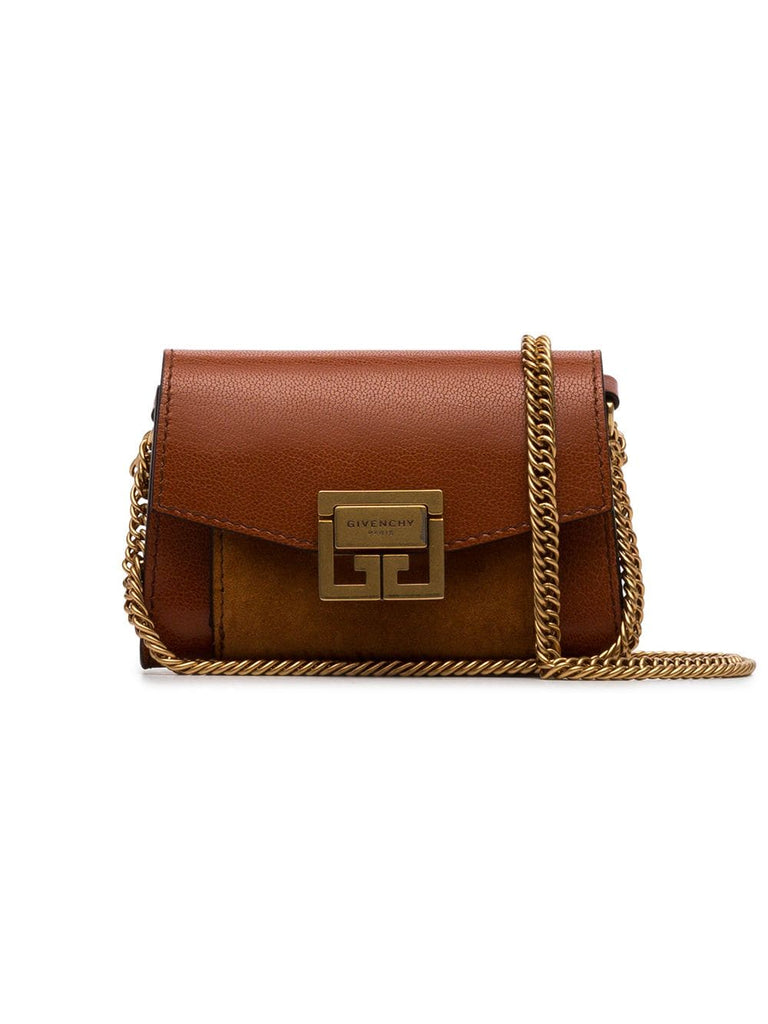 brown Logo clasp-front leather and suede mini bag