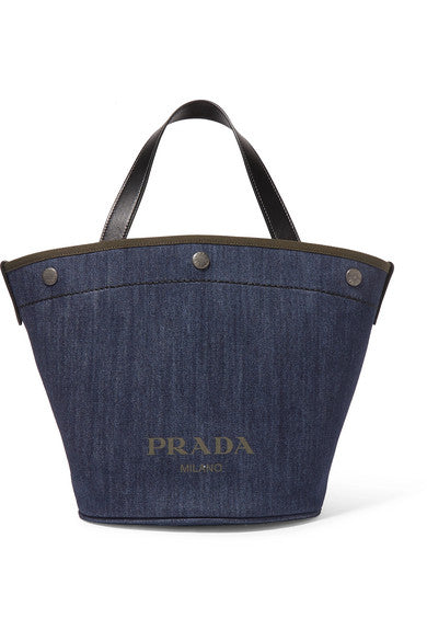 Leather-trimmed printed denim tote