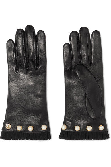 Faux pearl-embellished grosgrain-trimmed leather gloves