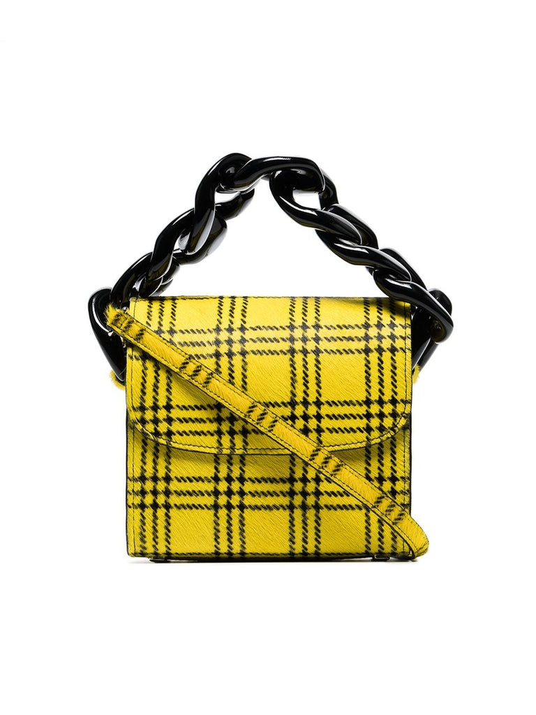 yellow and black Tartan Chain Pony Hair Mini Bag