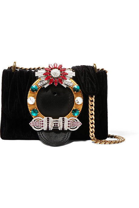 Miu Lady crystal-embellished leather and matelassé velvet shoulder bag