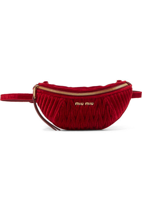 Convertible leather-trimmed matelassé velvet belt bag