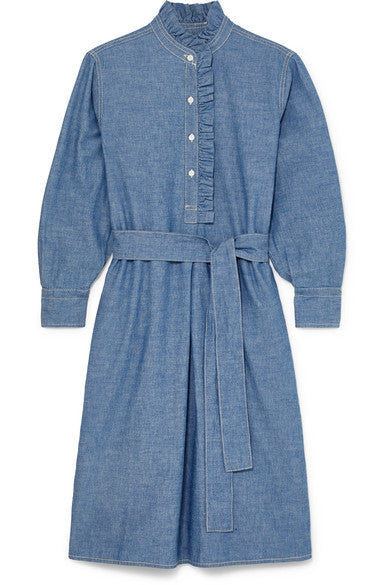 Deneuve belted ruffle-trimmed cotton-chambray dress