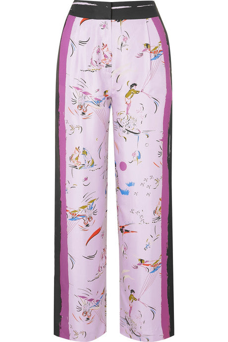 Painted Border printed silk-twill pants