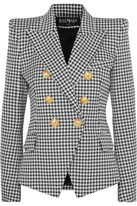 Double-breasted houndstooth cotton-blend jacquard blazer