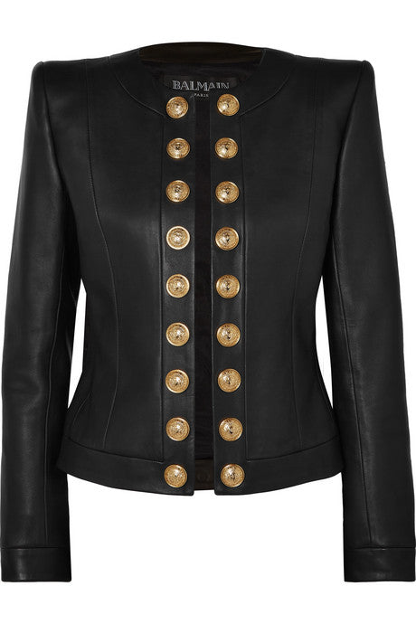 Button-embellished collarless leather blazer