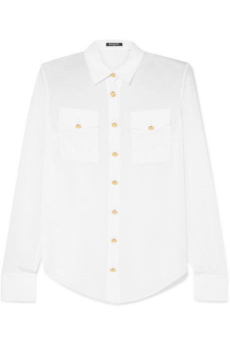 Button-detailed silk crepe de chine shirt