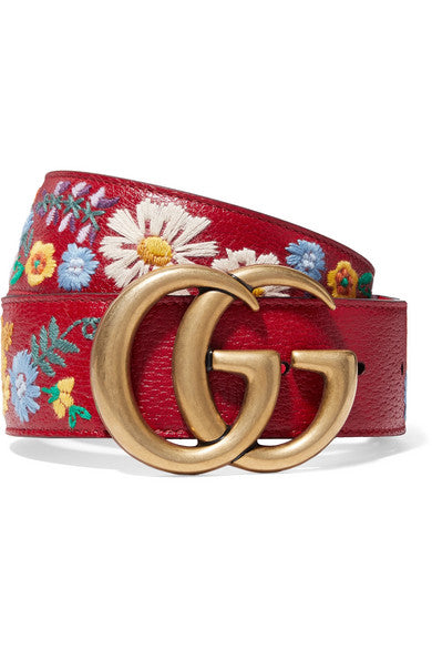 Embroidered textured-leather belt