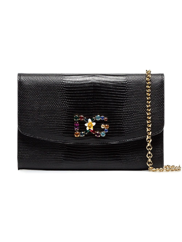 black crystal embellished leather wallet bag