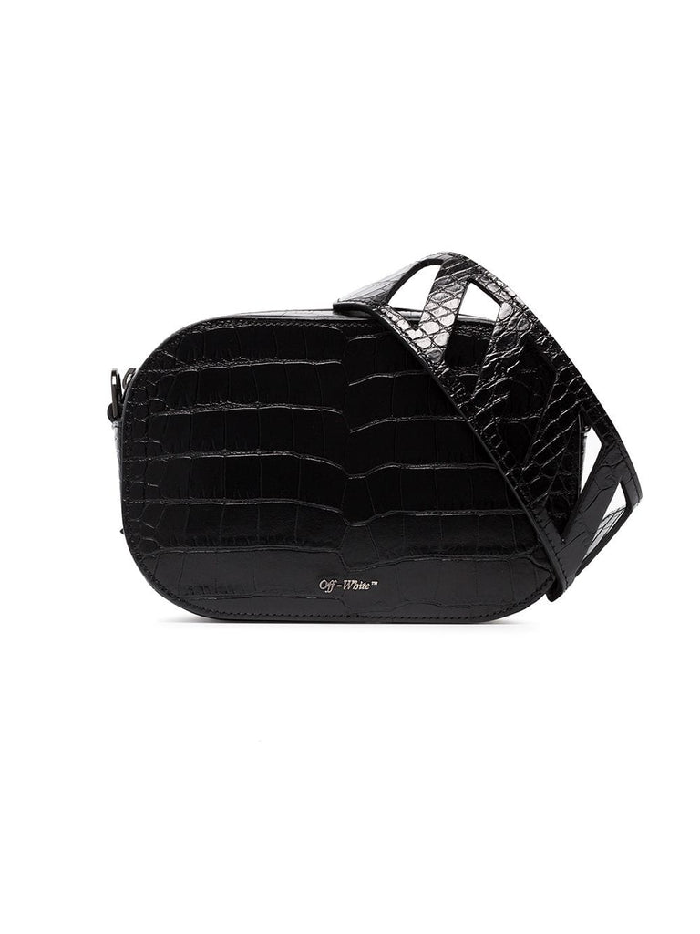 black crocodile embossed leather camera bag