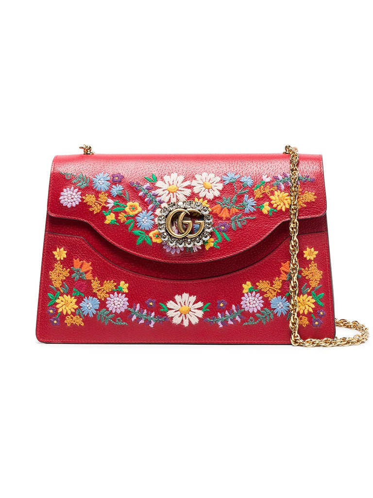 red large Ricami leather floral embroidered shoulder bag