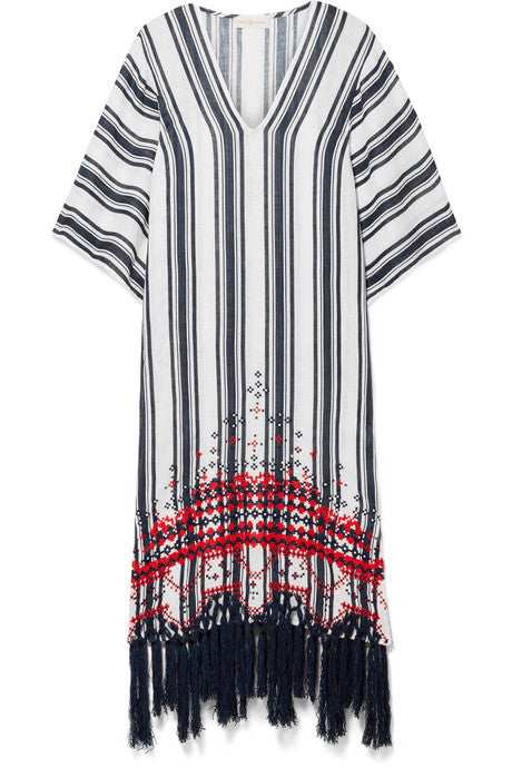 Oversized embroidered striped linen-gauze kaftan