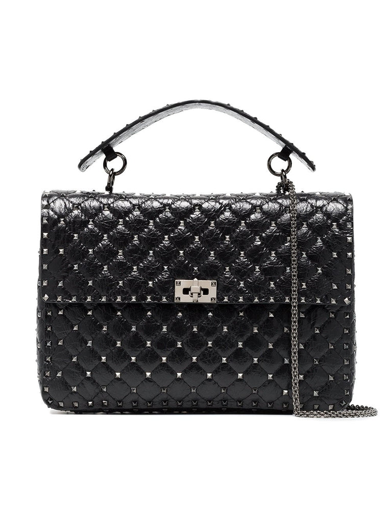 black Rockstud Spike maxi cracked leather tote