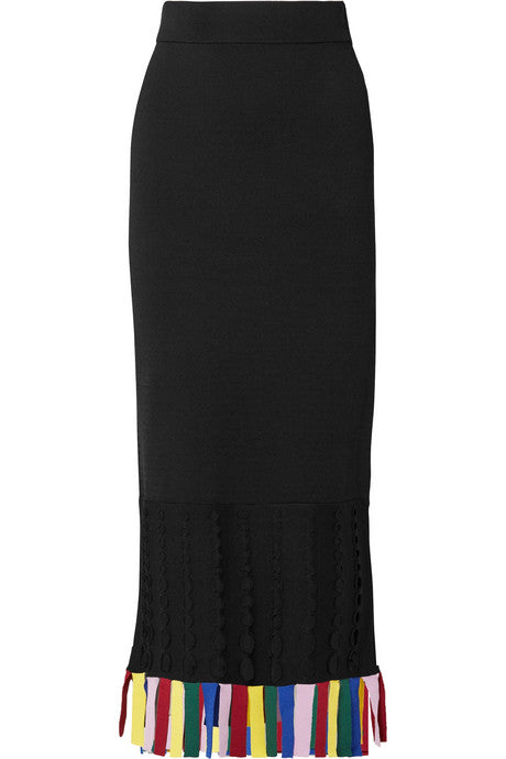 Garage cutout fringed stretch-knit midi skirt