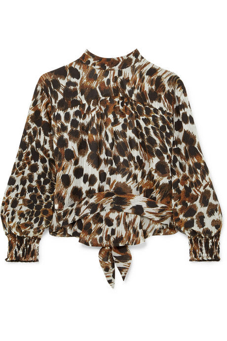 Marjan open-back leopard-print plissé-chiffon blouse