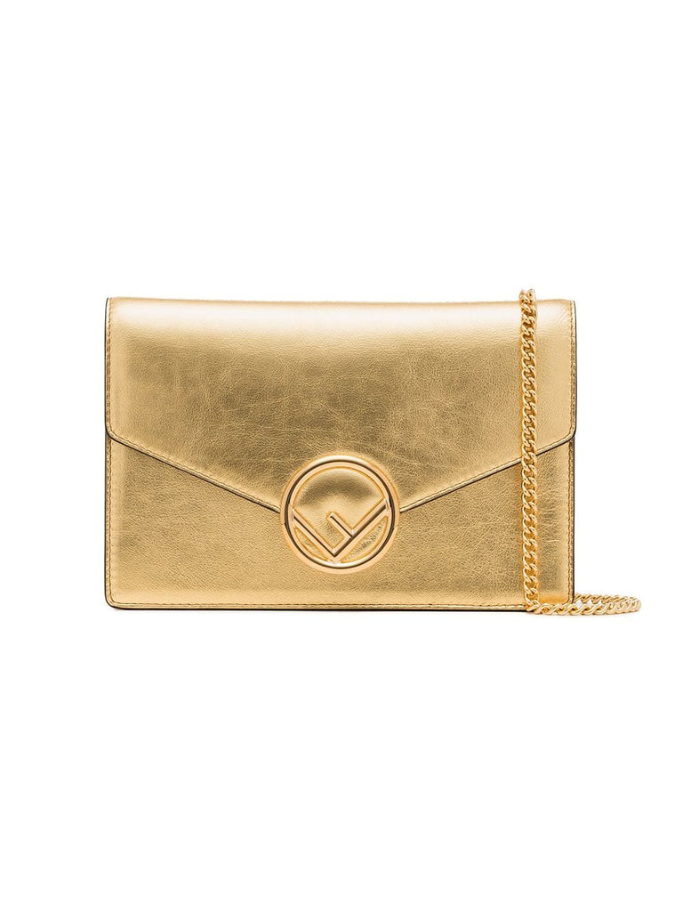 metallic gold logo leather wallet on a chain bag