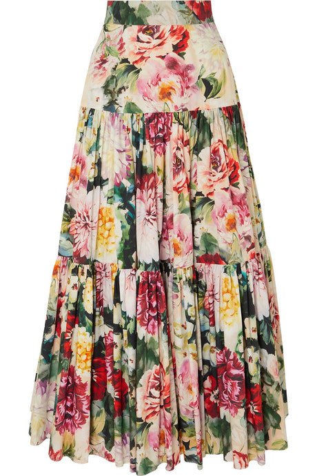 Tiered ruffled floral-print cotton-poplin maxi skirt