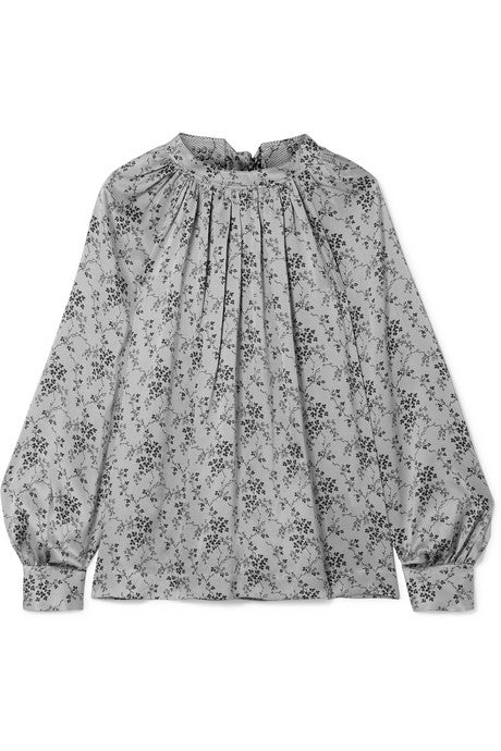 Gathered floral-print silk-charmeuse blouse