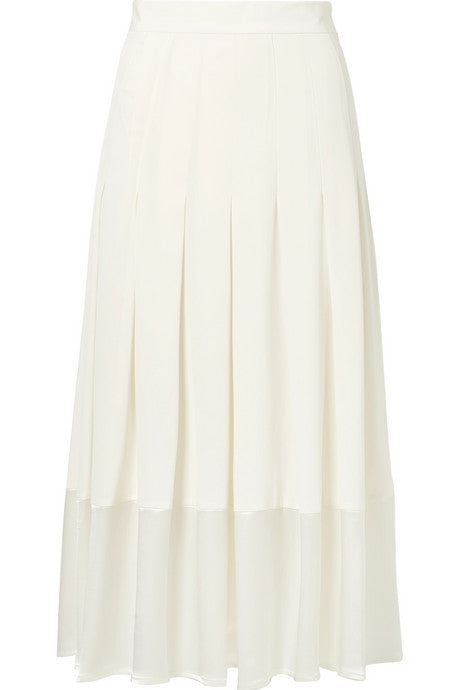 Pleated satin-trimmed crepe de chine skirt