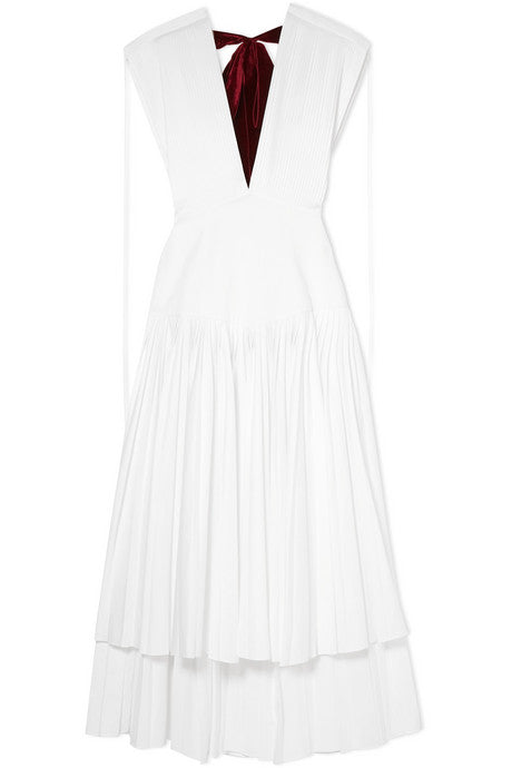 Theodora pleated velvet-trimmed cotton-poplin midi dress