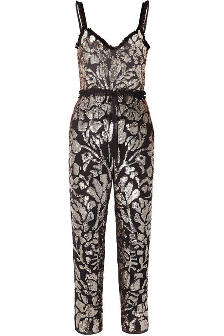 Tulle-trimmed sequin-embellished georgette jumpsuit