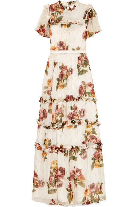 Venetian ruffled floral-print fil coupé crepon gown