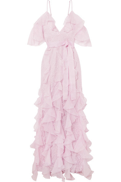 My Baby Love cold-shoulder ruffled silk-organza and corded lace maxi dress