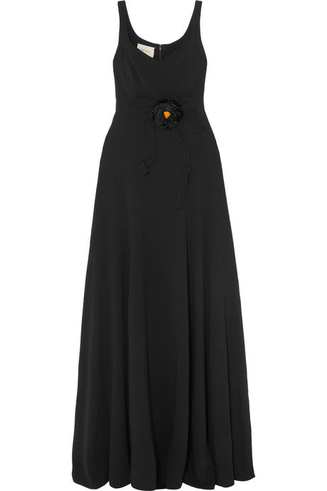 Appliquéd grosgrain-trimmed crepe gown