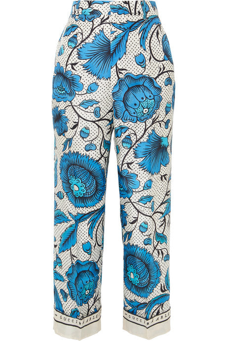 Cropped printed silk-twill wide-leg pants