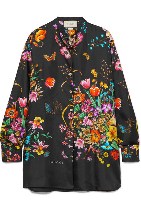 Oversized floral-print silk-twill shirt