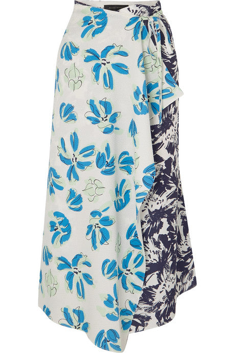 Floral-print cloqué and crepe de chine wrap skirt