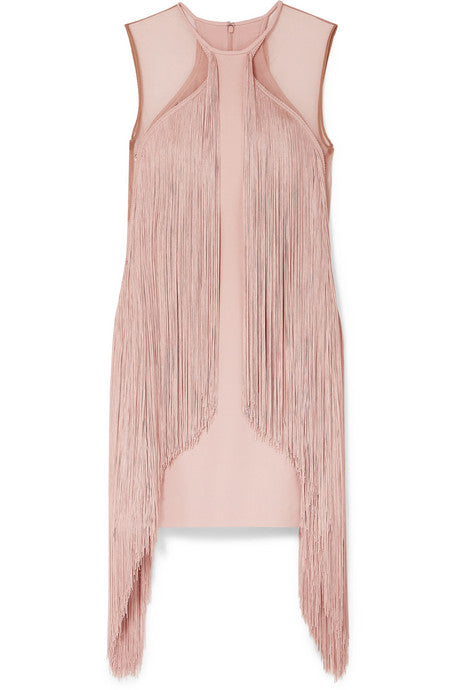 Tulle-paneled fringed stretch-cady mini dress