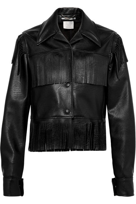 Fringed faux textured-leather jacket