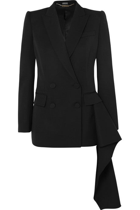 Asymmetric draped grain de poudre wool blazer