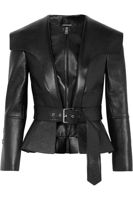 Textured-leather belted peplum jacket