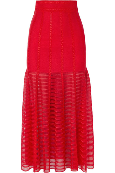 Paneled lace and open-knit midi skirt