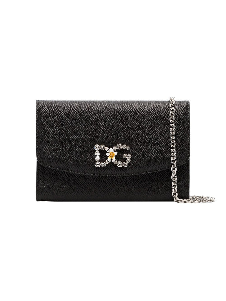 black DG crystal embellished leather wallet on chain