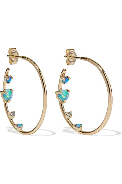 14-karat gold, opal and diamond hoop earrings