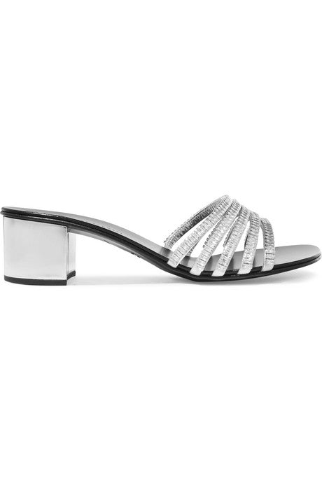 Roll crystal-embellished metallic leather mules