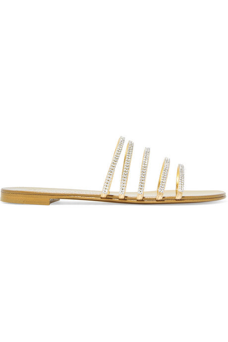 Nuvoroll crystal-embellished metallic leather slides