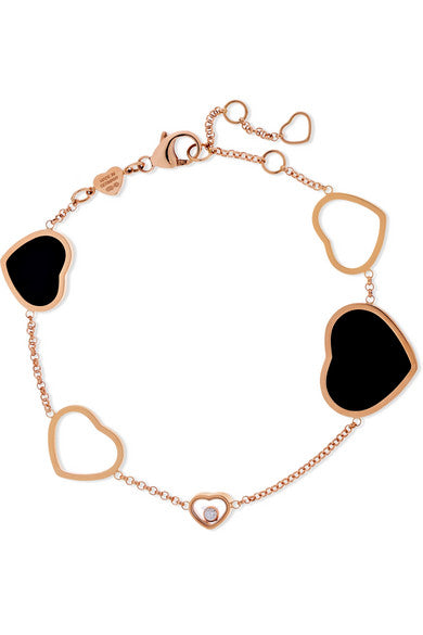 Happy Hearts 18-karat rose gold, diamond and onyx bracelet