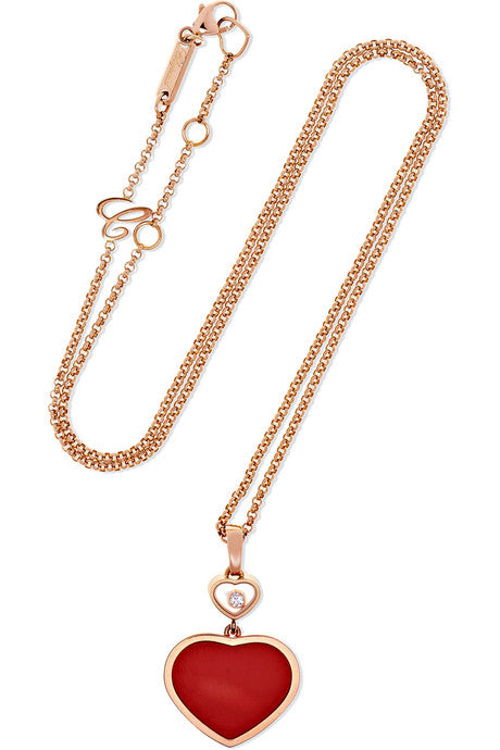 Happy Hearts 18-karat rose gold, diamond and red stone necklace