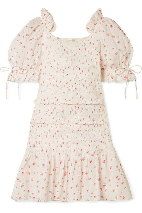 Tina smocked ruffled floral-print cotton dress